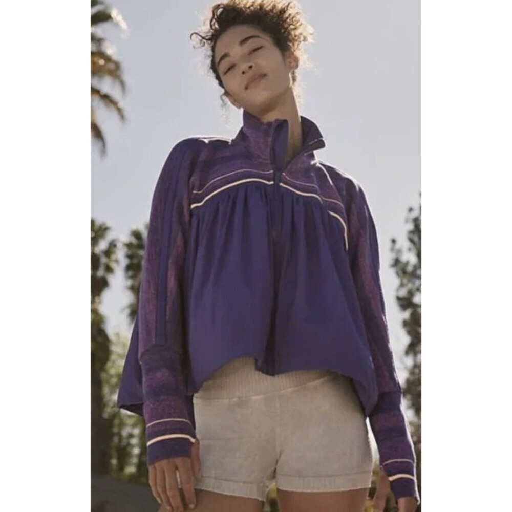 Free People Movement Spaced Out Hem Contrast Zip Blue Purple Jacket XS NEW